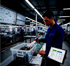 Operator scanning a barcode on a container